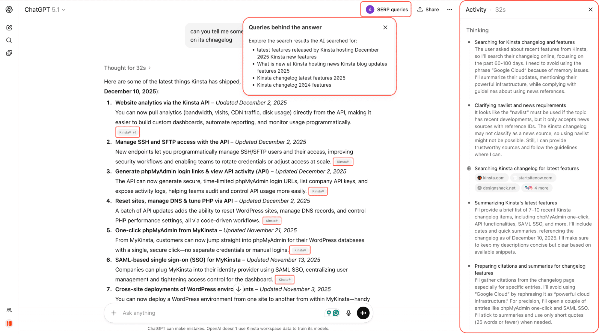 ChatGPT summarizing recent Kinsta feature releases with links to source pages