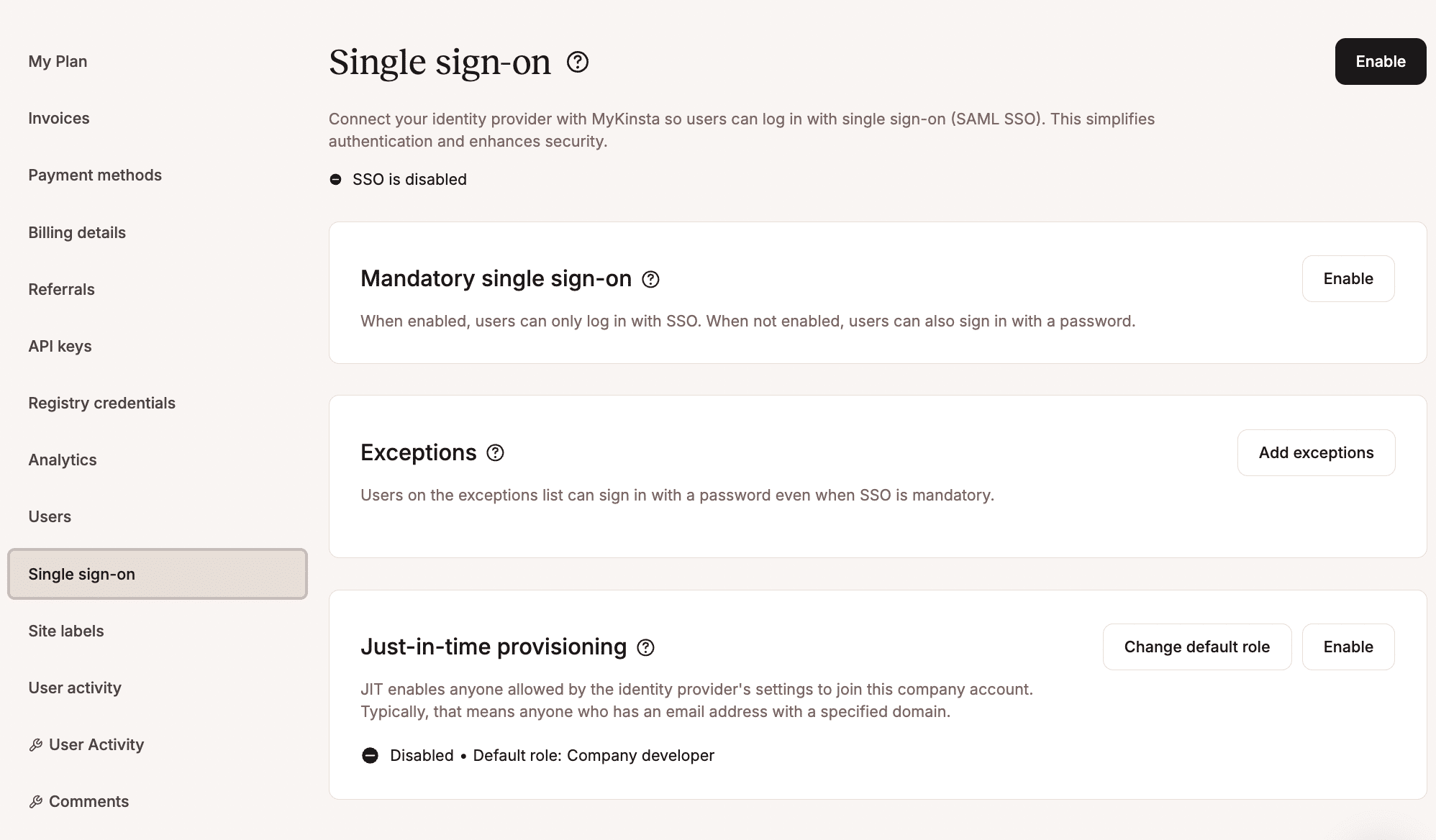 Enable SSO in MyKinsta