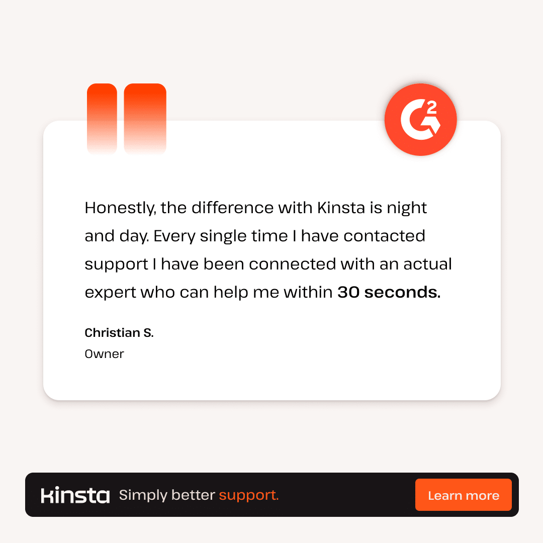 Christian S. Kinsta review highlighting positive customer experience.