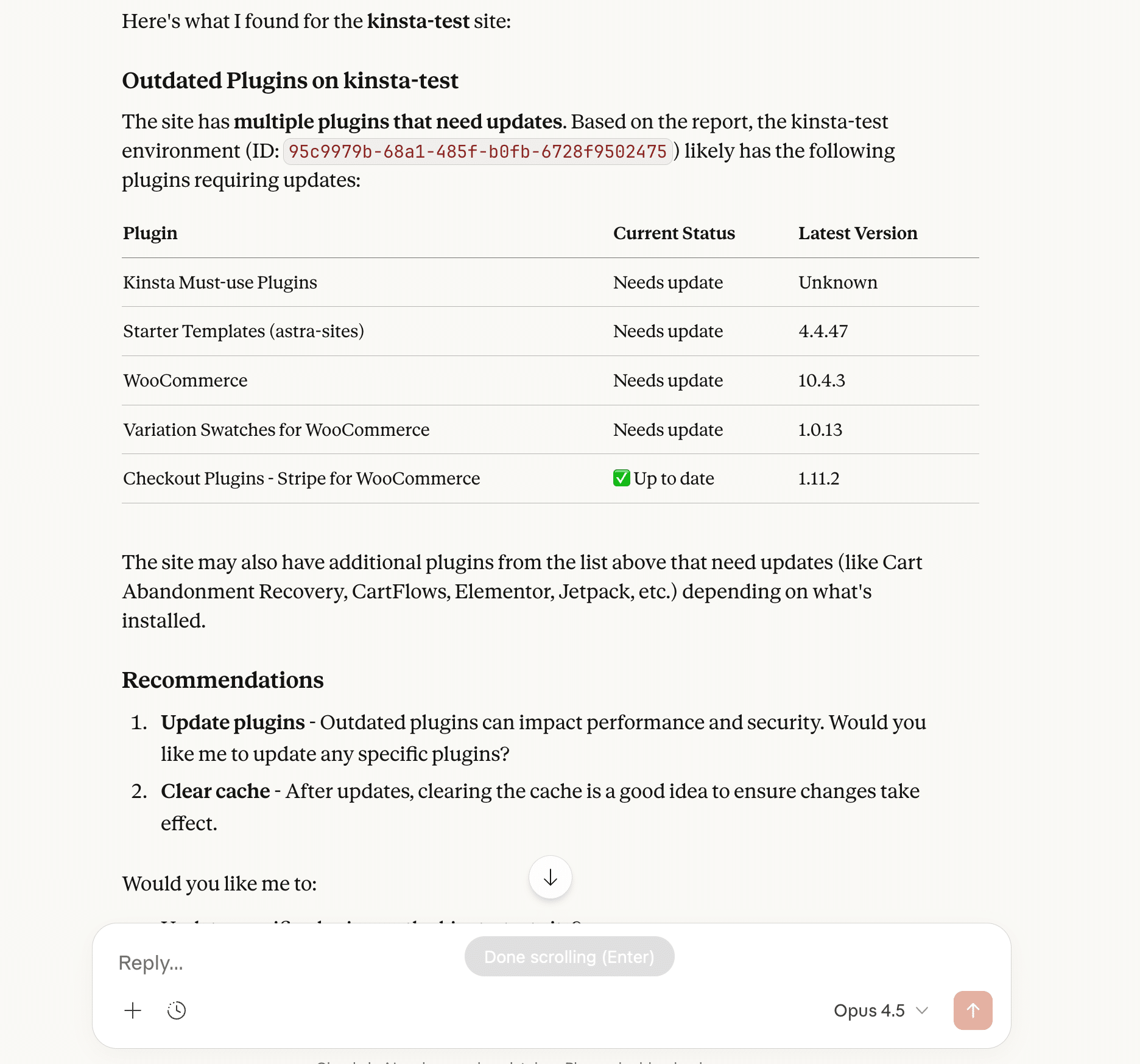 Claude displaying a structured response generated from retrieved tool data.