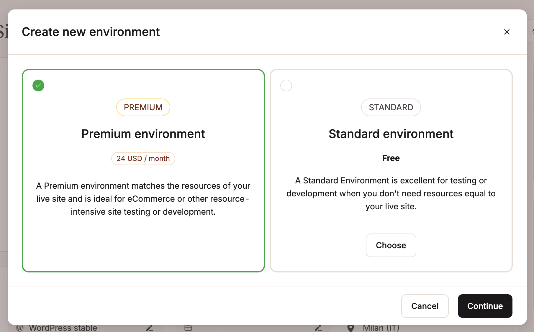 Create new environment in MyKinsta