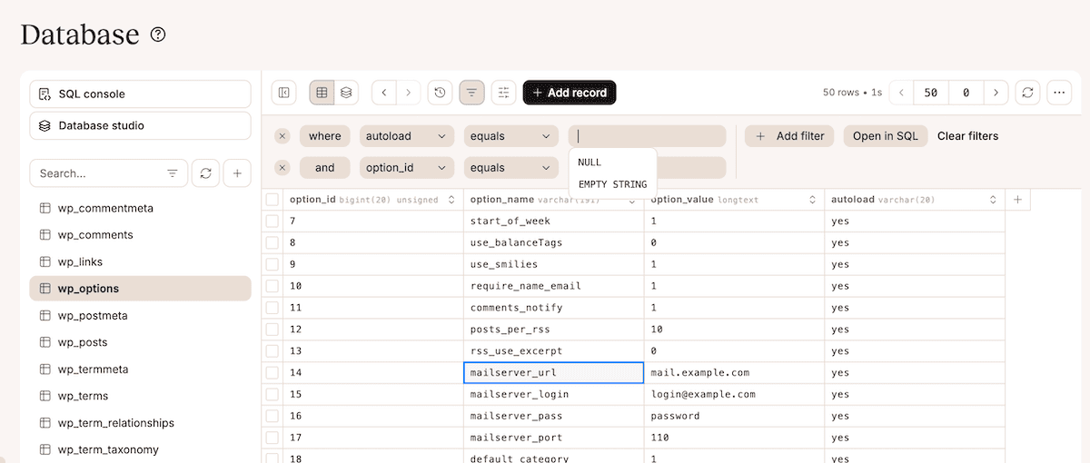 An instance of Database Studio showing filters set on a database table.