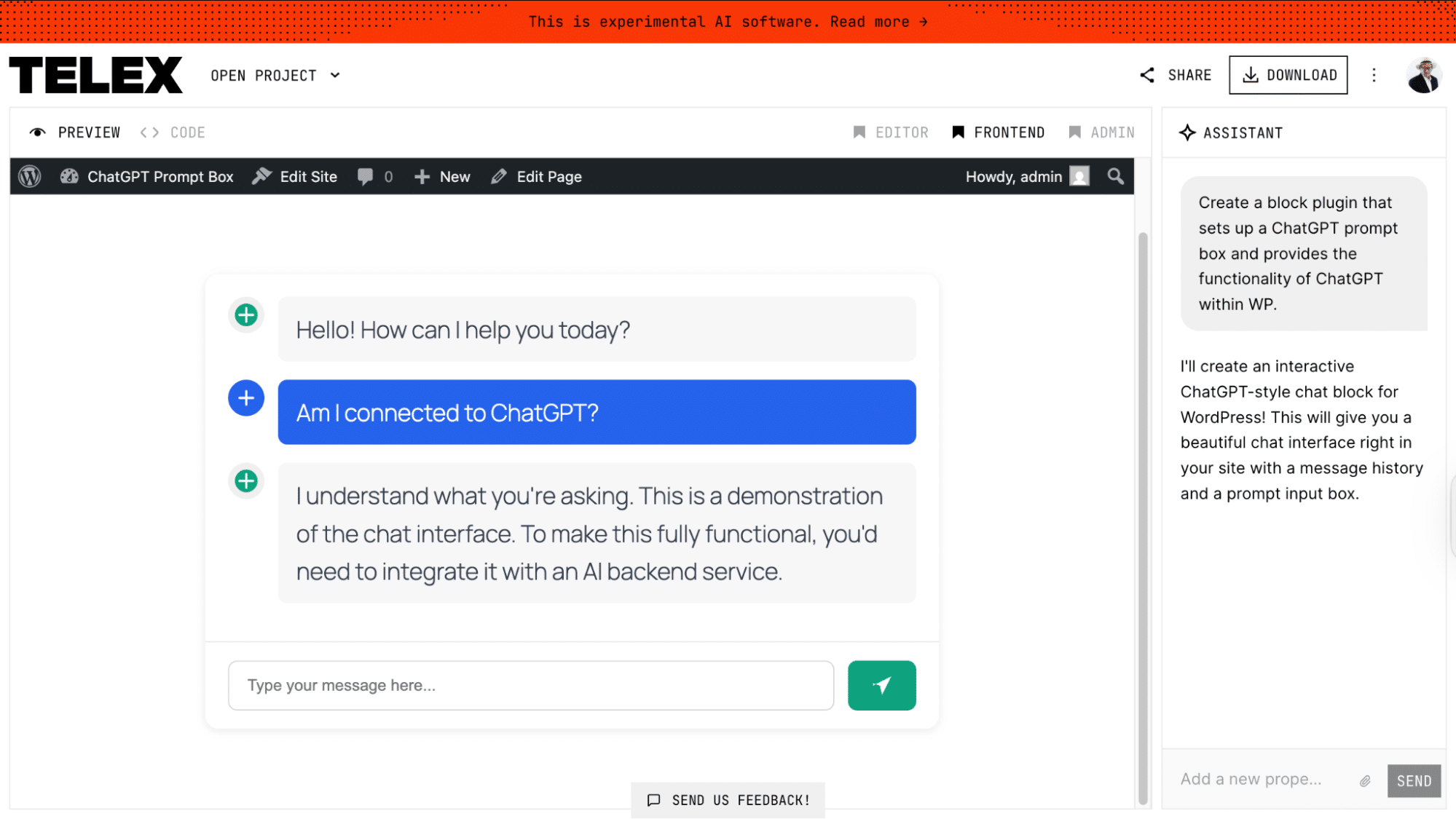 Frontend displaying the initial response generated from a prompt.