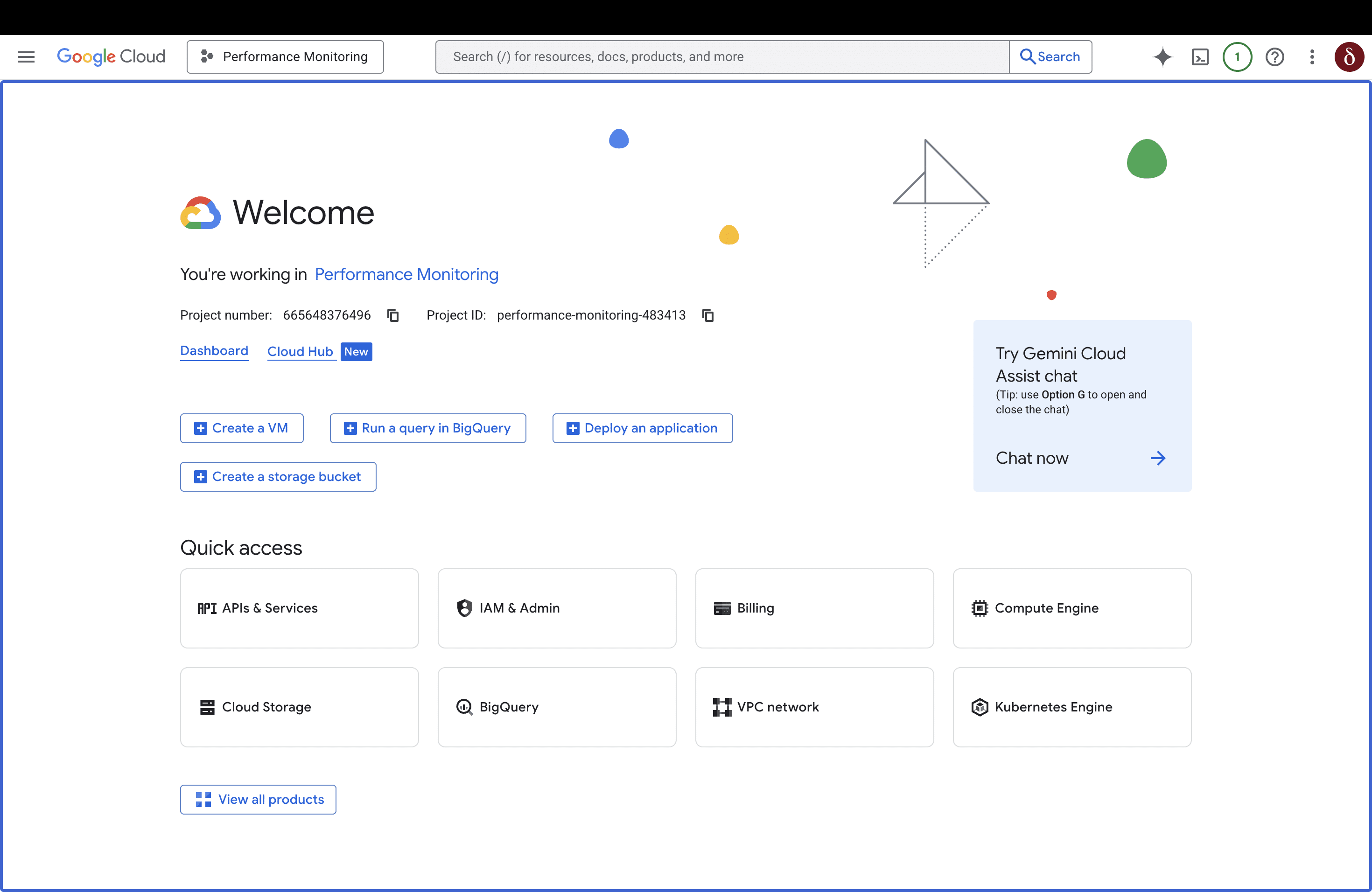 Performance Monitoring project's page in the Google Cloud console