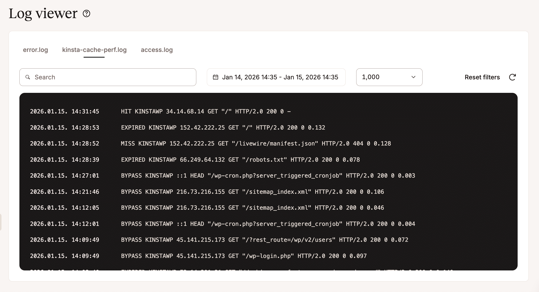 Cache performance logs in MyKinsta