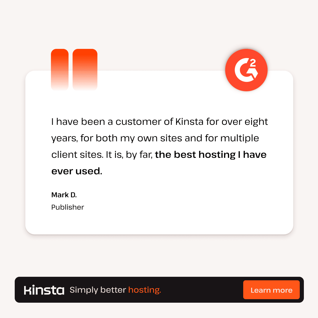 Customer review highlighting Mark D's experience with Kinsta.