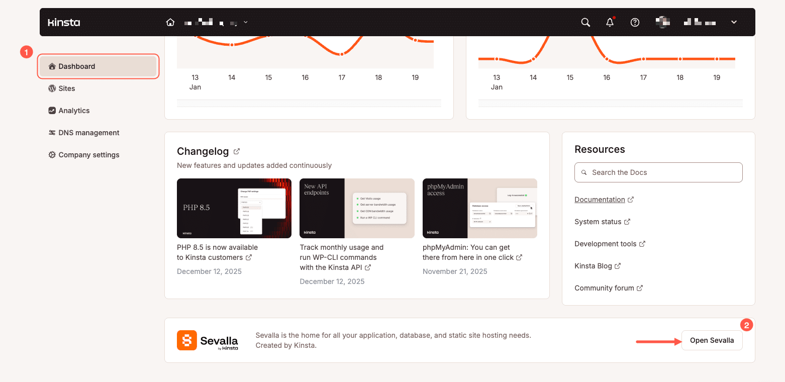 MyKinsta dashboard showing a quick link to Sevalla.