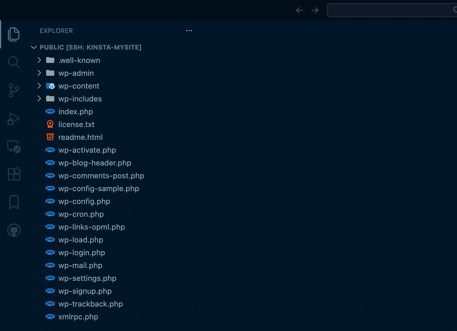 Remote files from a WordPress server accessed via SSH.