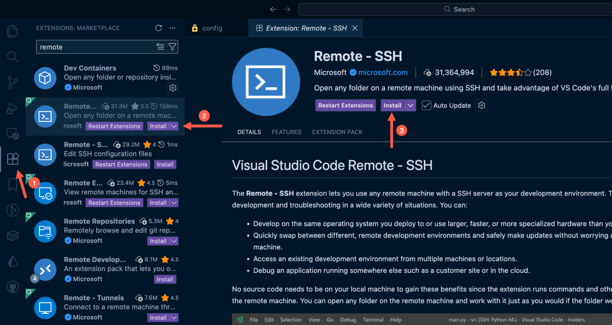 Remote SSH extension interface showing connection options.
