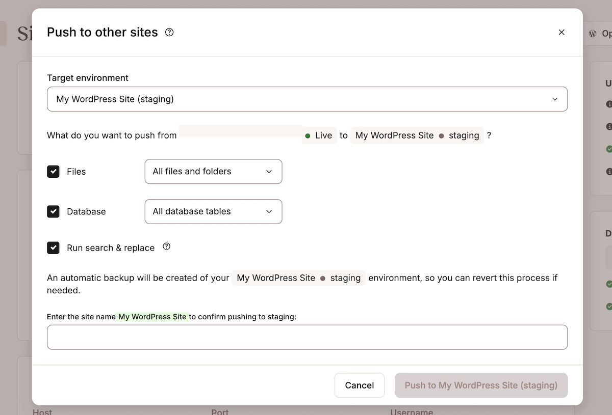 The MyKinsta Push to Live interface showing options to push files, the database, or run a search and replace for an environment.