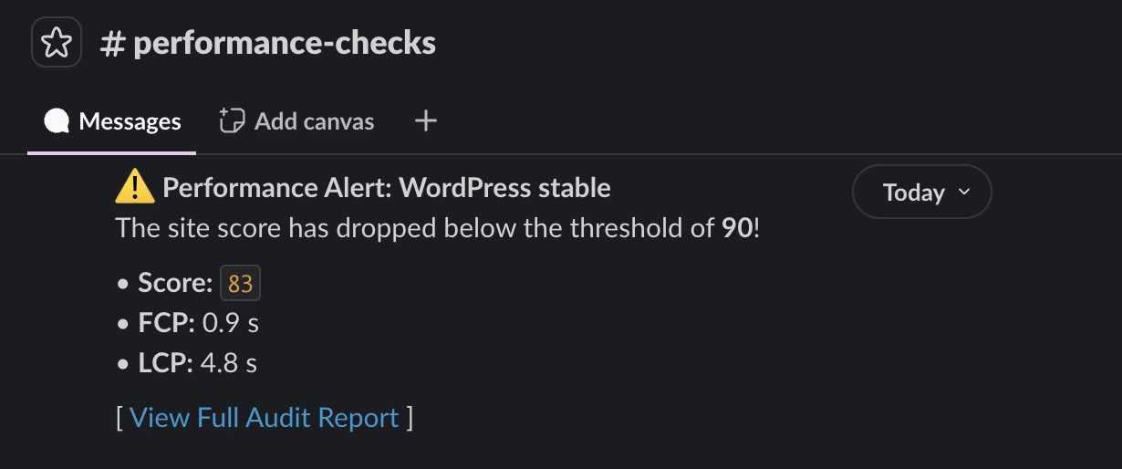 An automated performance alert in Slack
