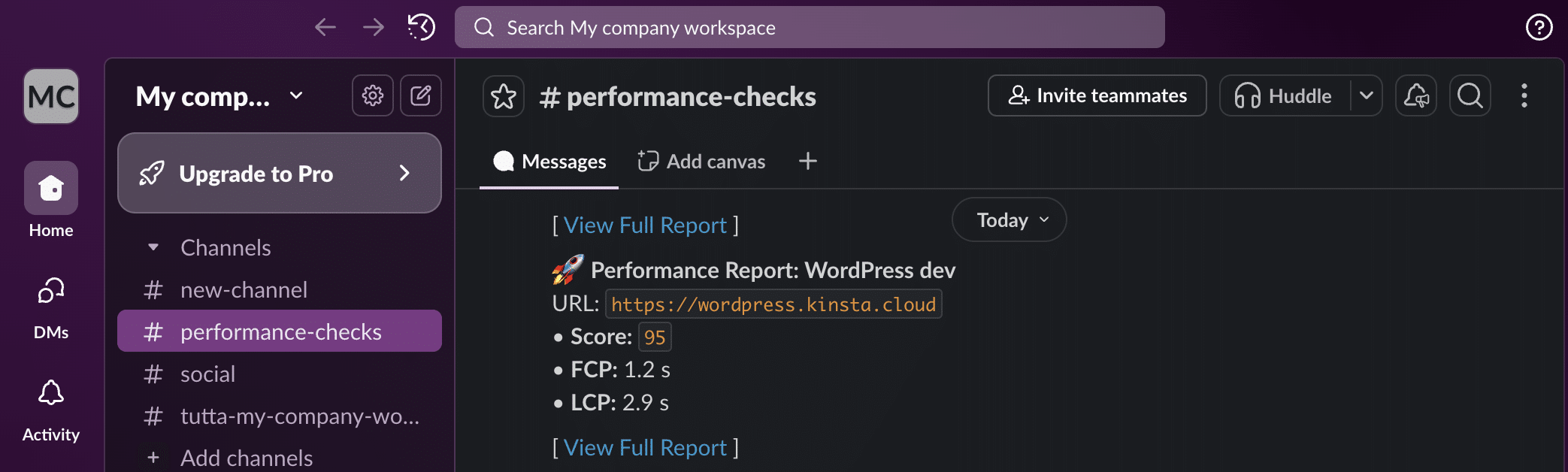 Automated performance report on Slack