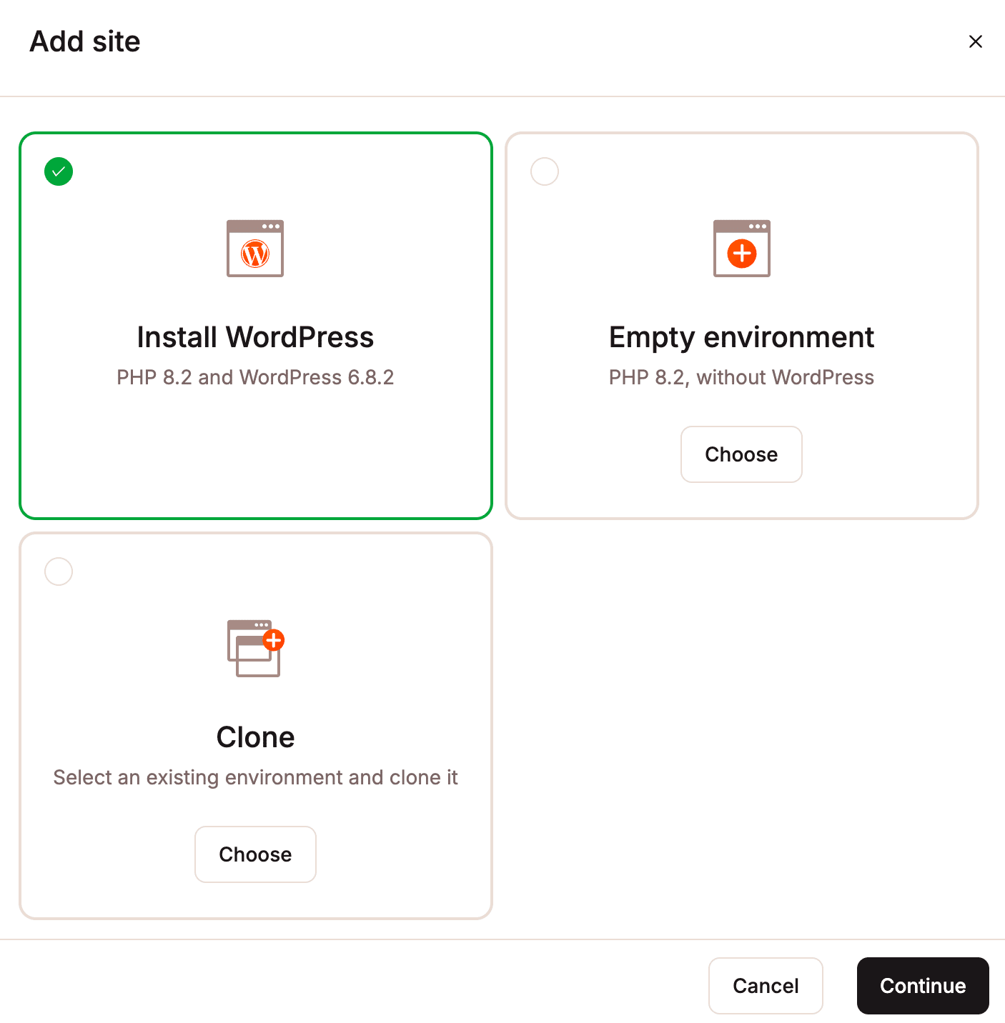 A screenshot of the initial Add Site dialog in <yKinsta.