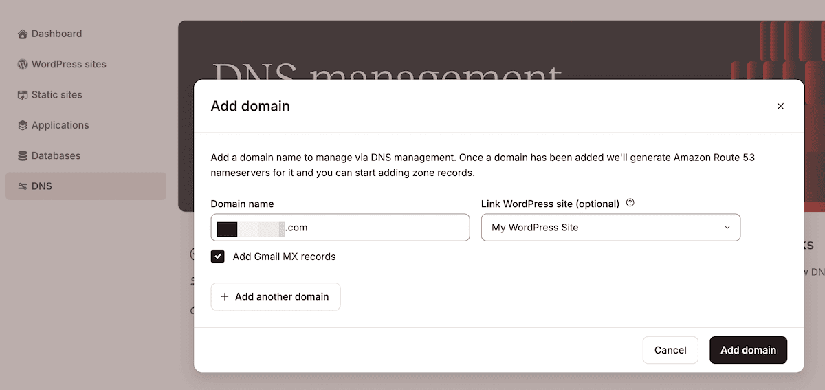 Add domain modal box showing input fields for a domain name, link to a WordPress website, and a Add Gmail MX records checkbox underneath.