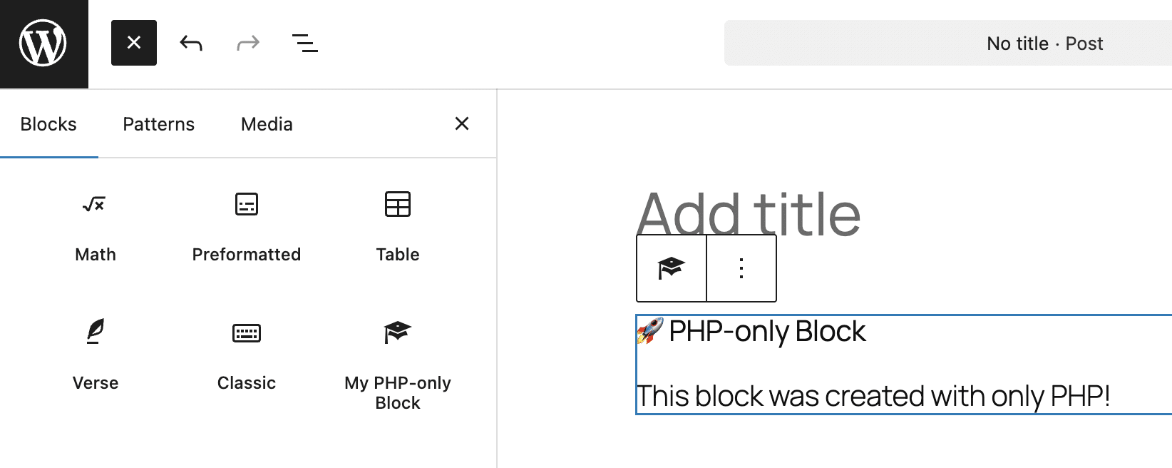 A simple PHP-only block in the block editor