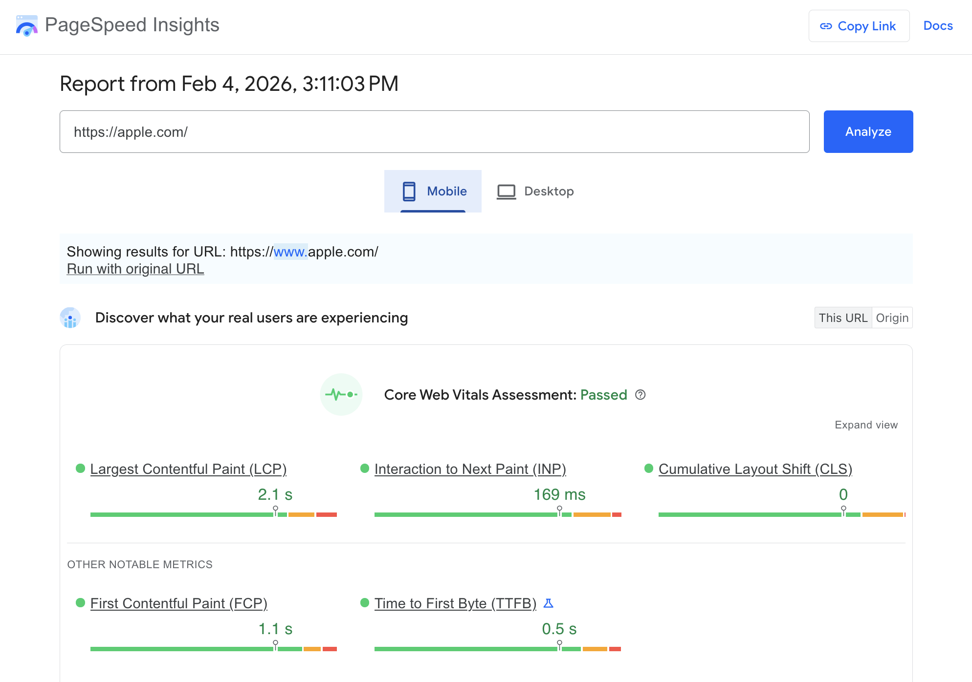 Core Web Vitals assessment in PageSpeed Insights