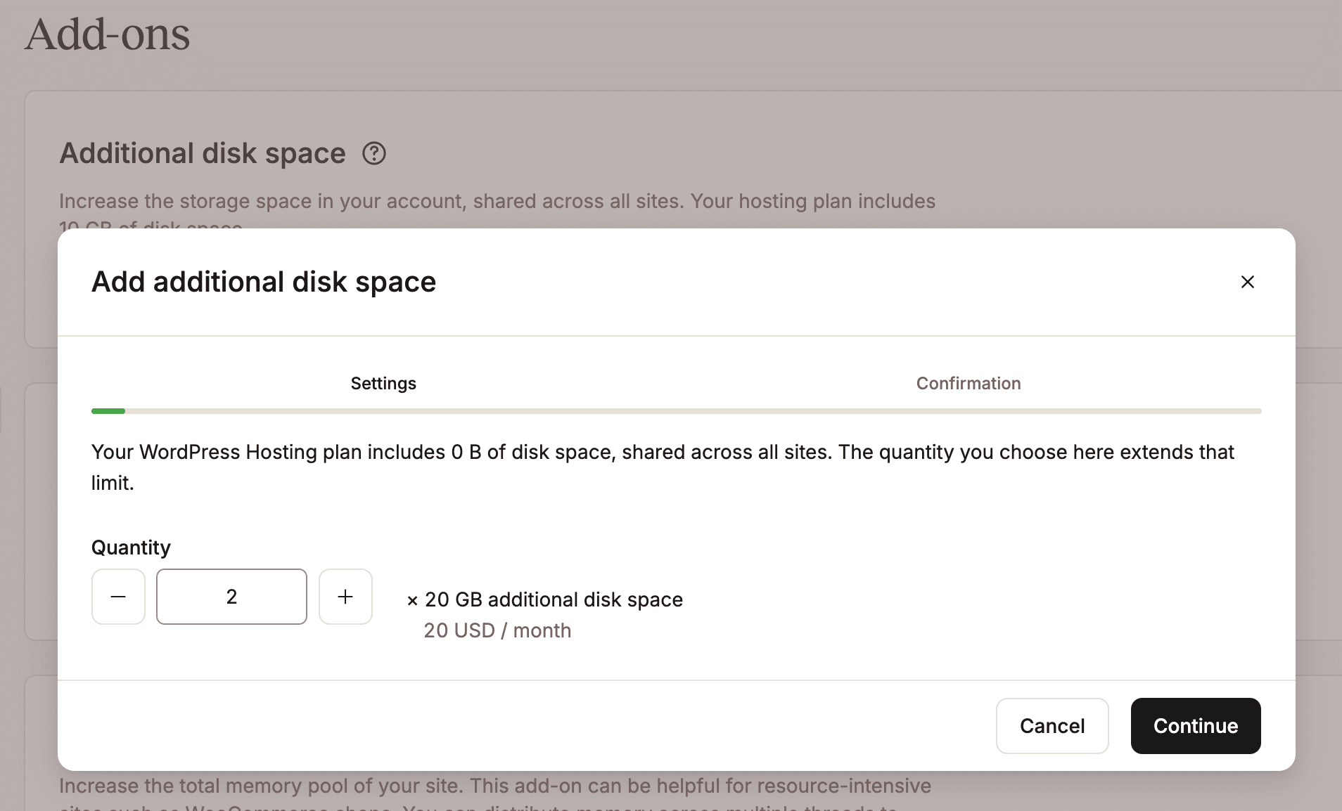 Adding 2 slots of disk space to a website in MyKinsta