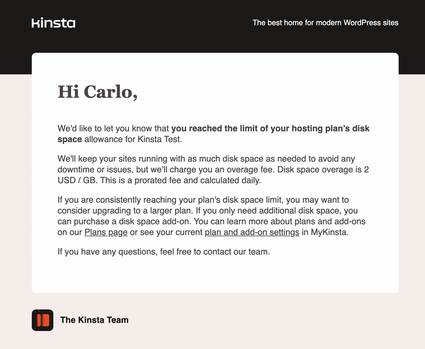 Disk space notification email