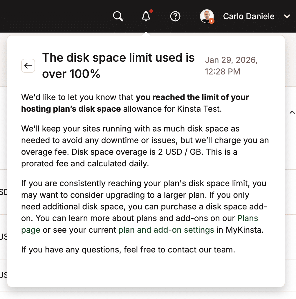 Disk space notification in MyKinsta