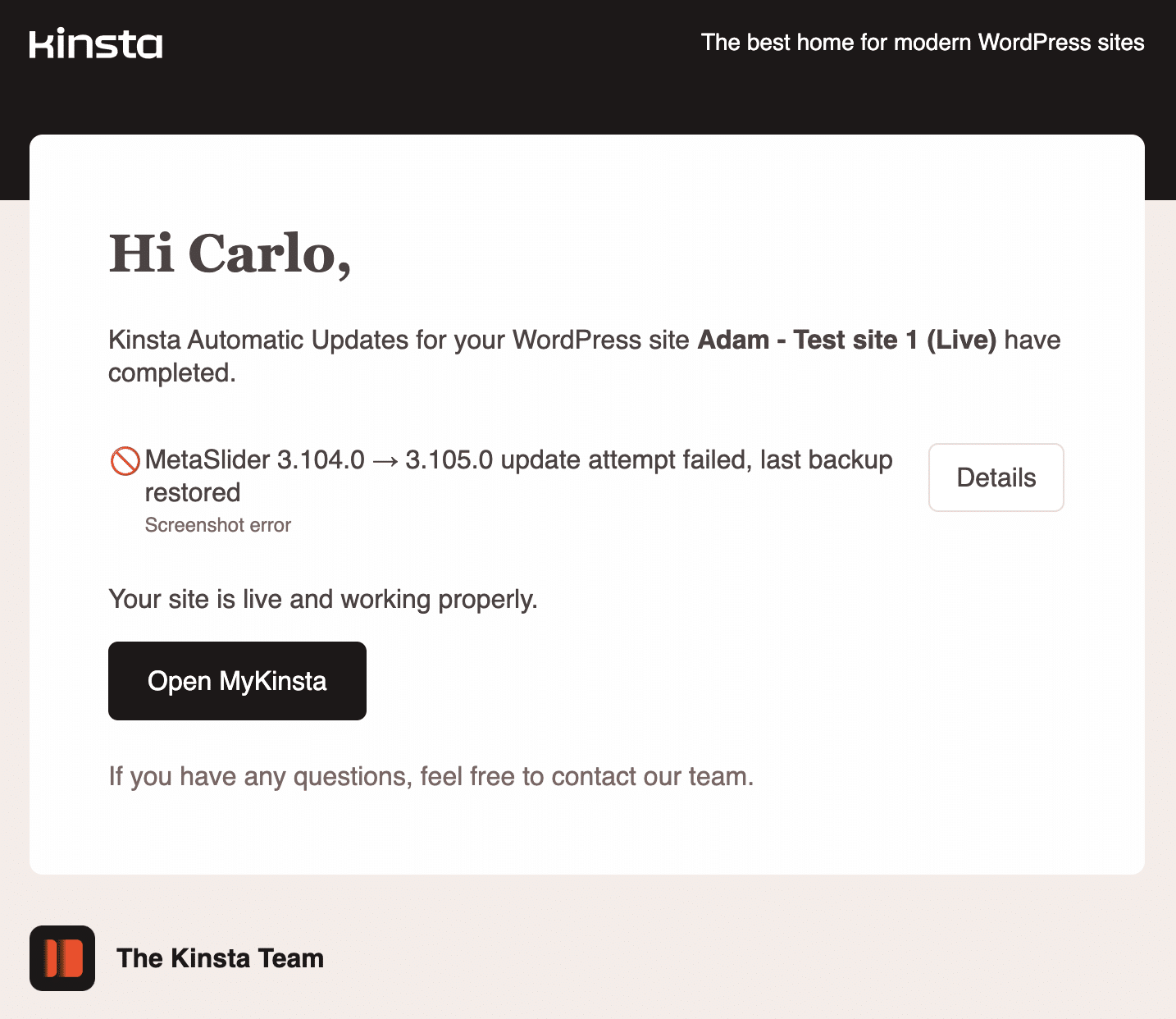 Failed automatic update notification