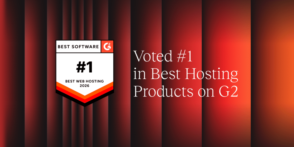An illustration including a G2 badge and the words, 'Voted #1 in Best Hosting Products on G2.'