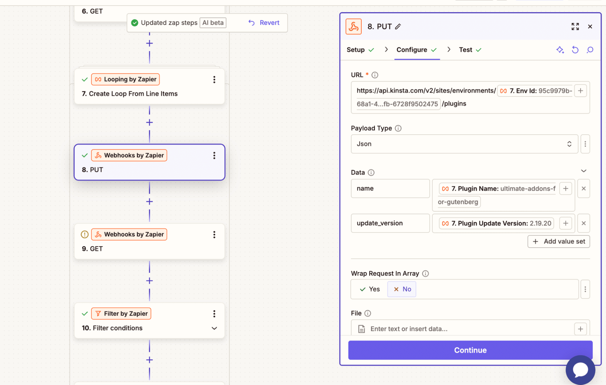 Kinsta api zap workflow.