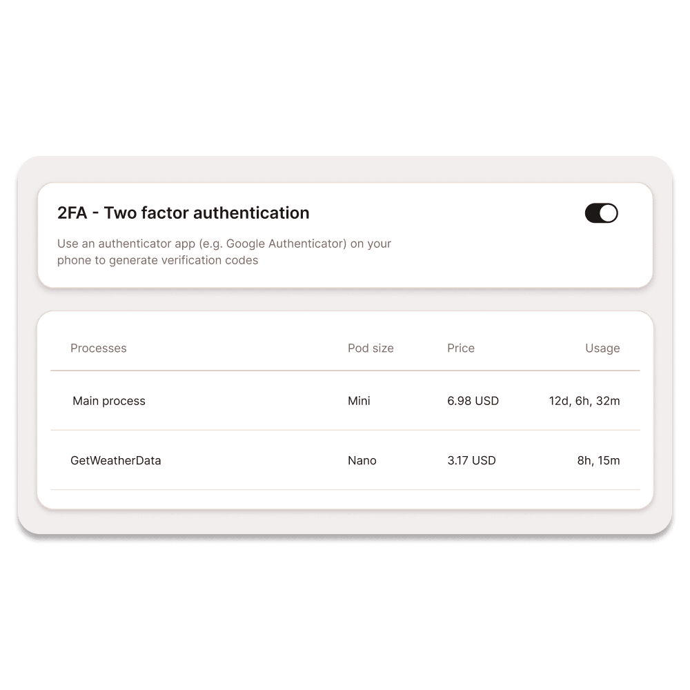 Screenshots showing MyKinsta 2FA controls and billing