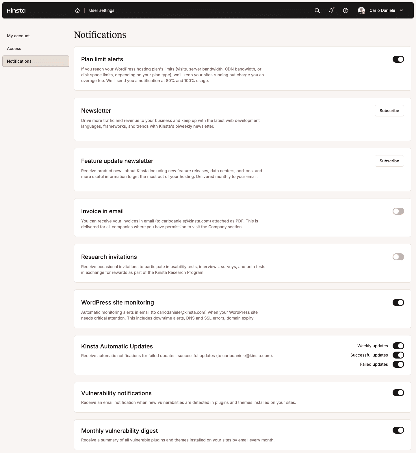 Notification settings in MyKinsta