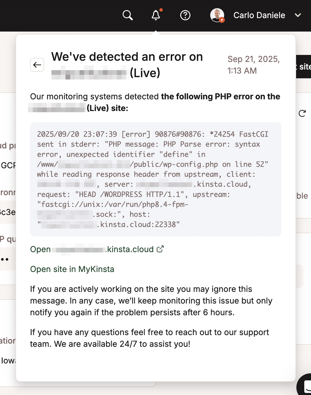 A PHP error notification in MyKinsta