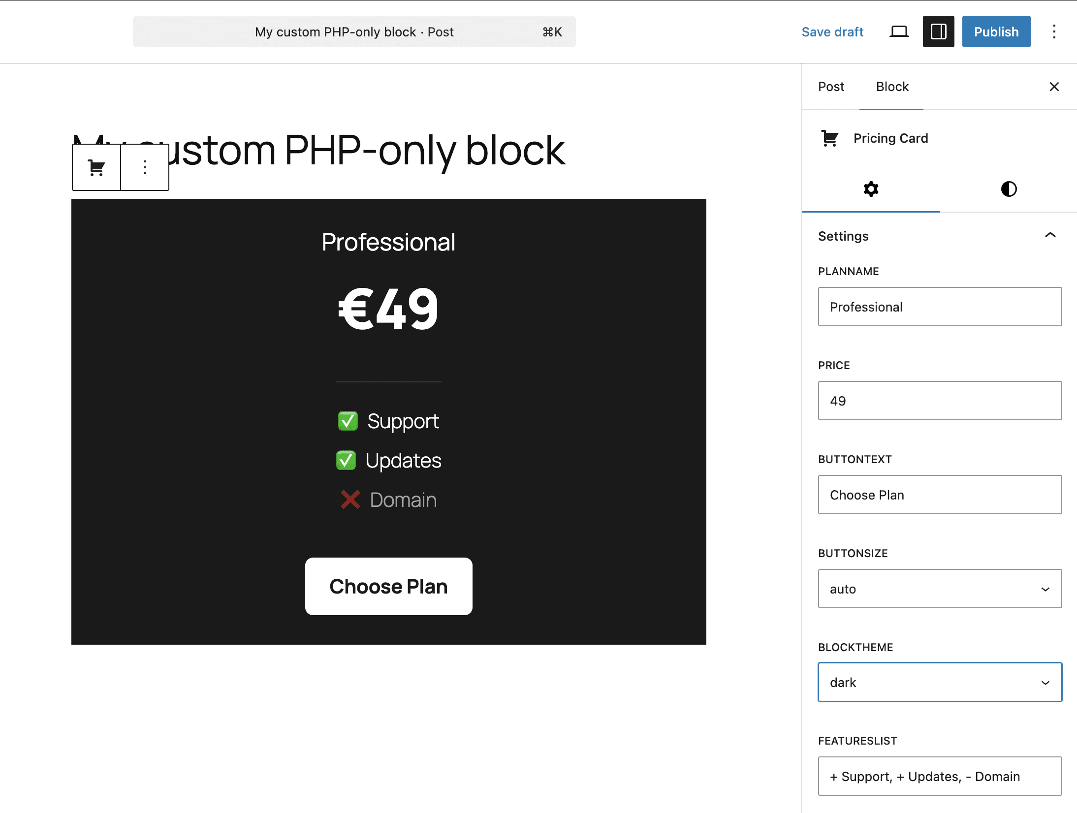 The PHP-only block with block settings