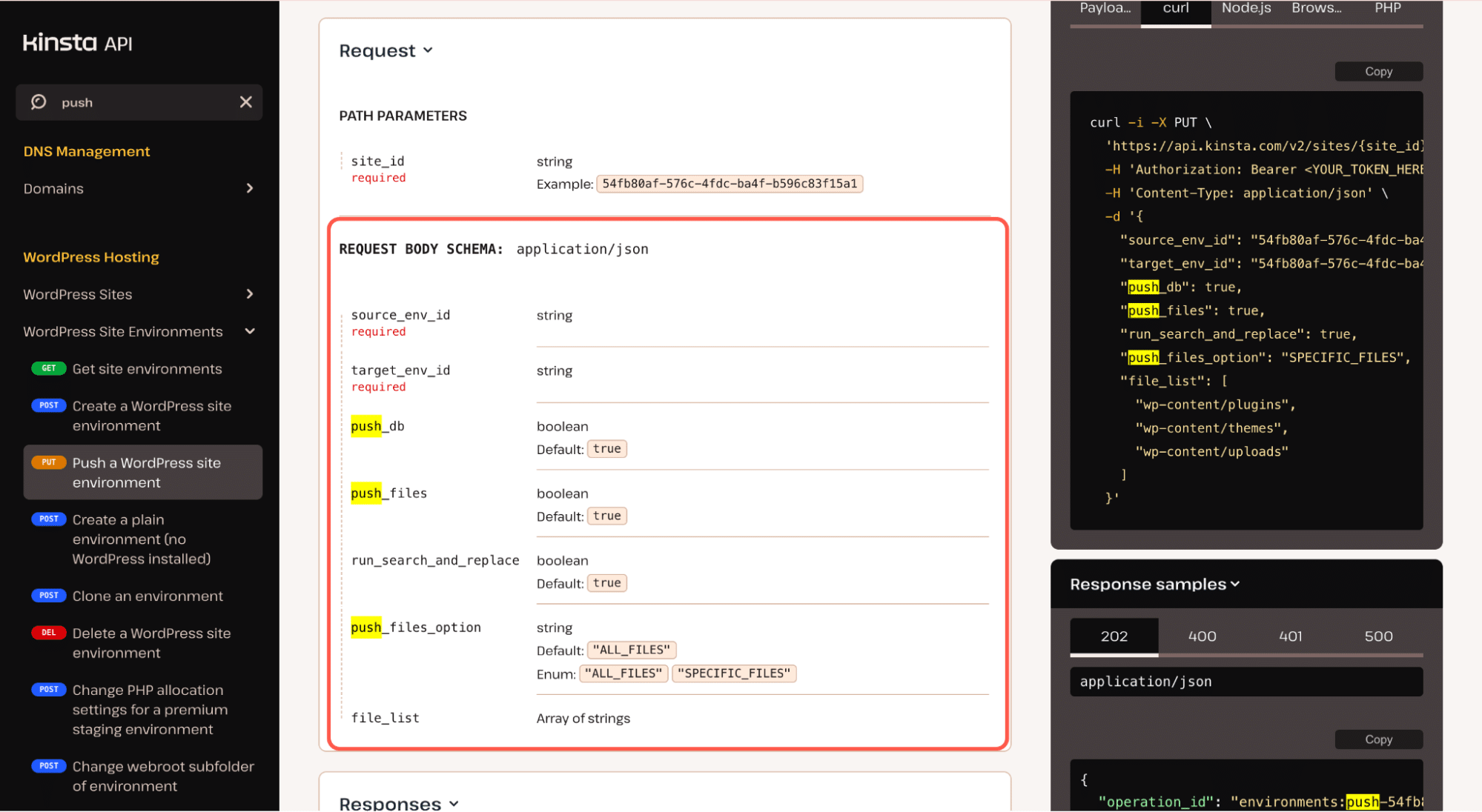 Push environment kinsta api.