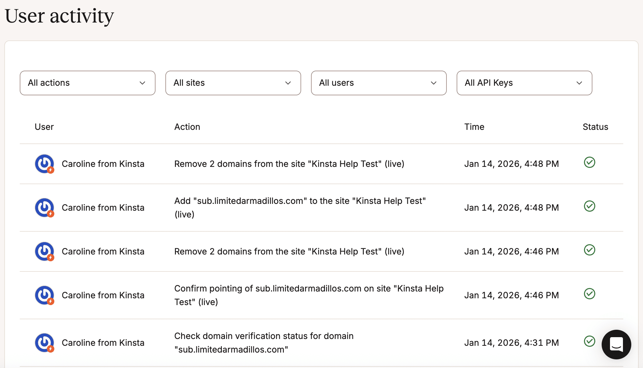 Activité de l'utilisateur dans MyKinsta