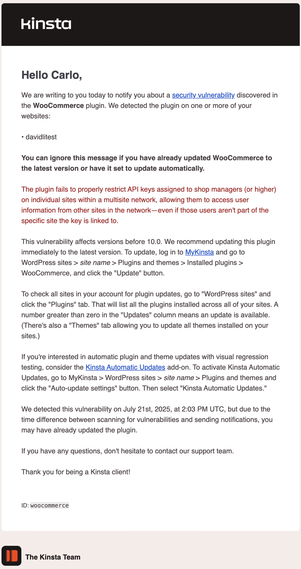 A vulnerability notification email