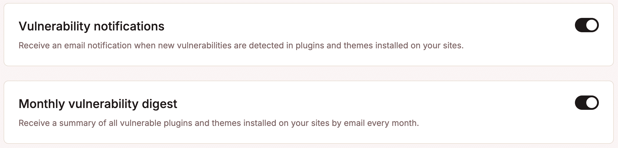 Vulnerability notifications and monthly vulnerability digest options