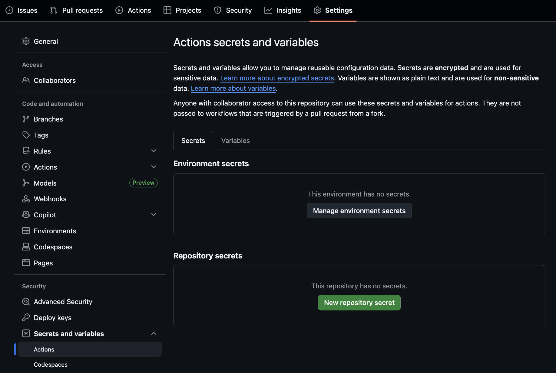 Action secrets and variables configuration page