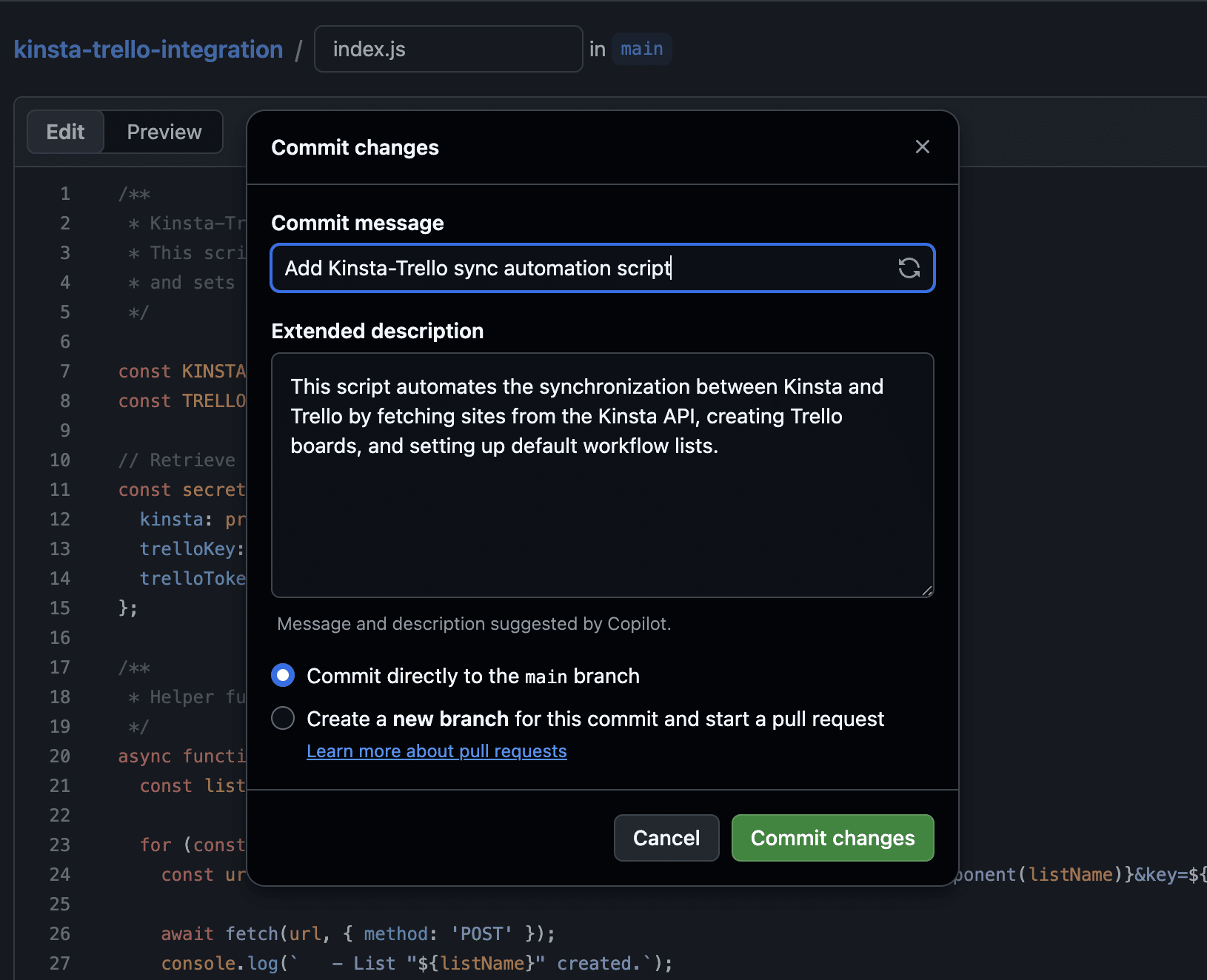 Commit changes in GitHub.