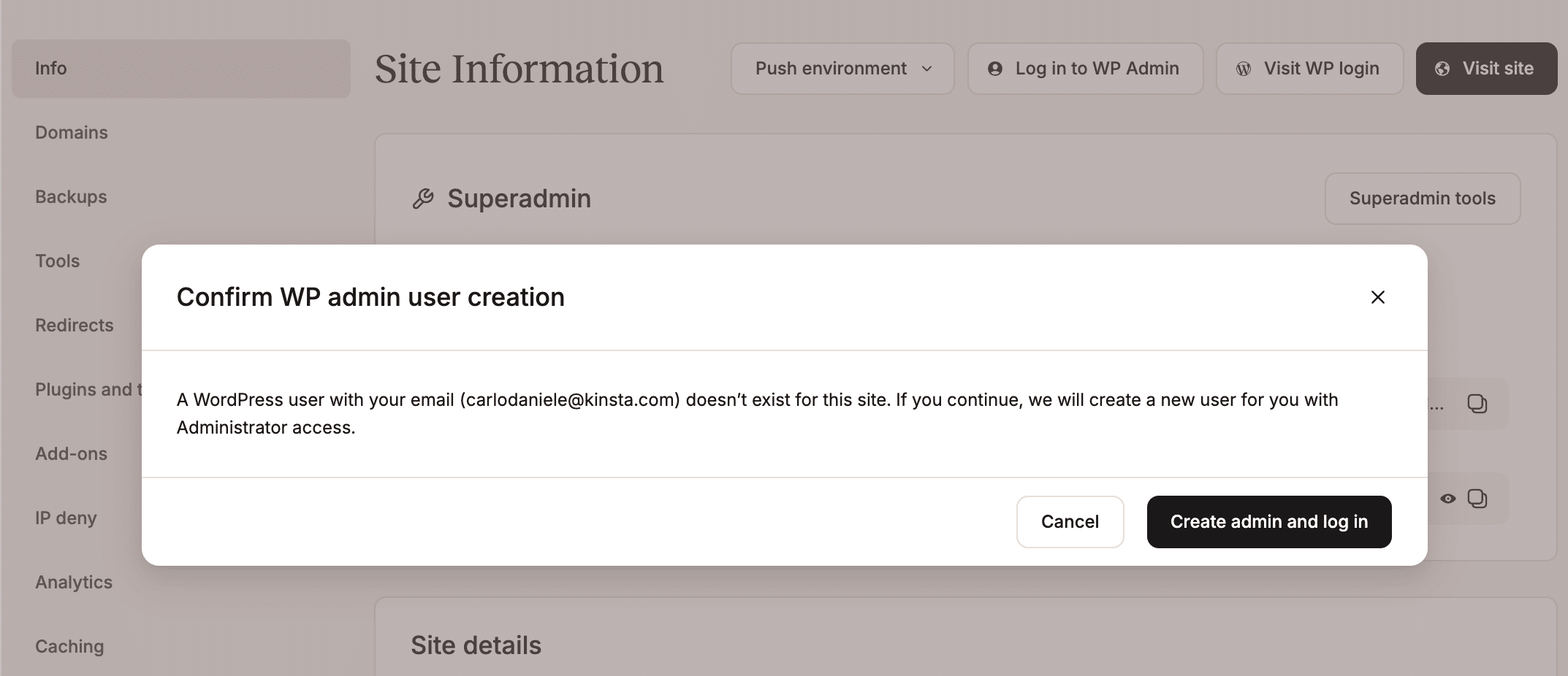 Create a new WP Admin login in MyKinsta.
