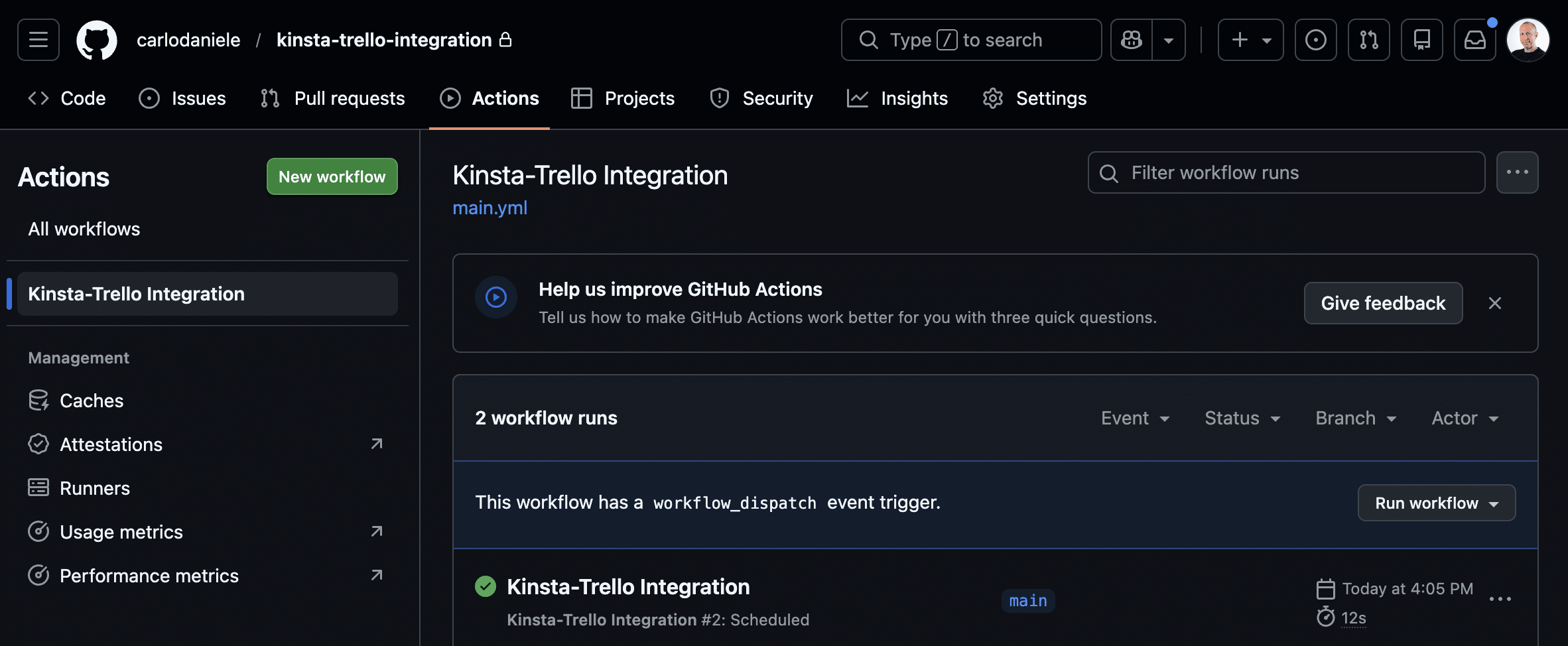 GitHub Actions page