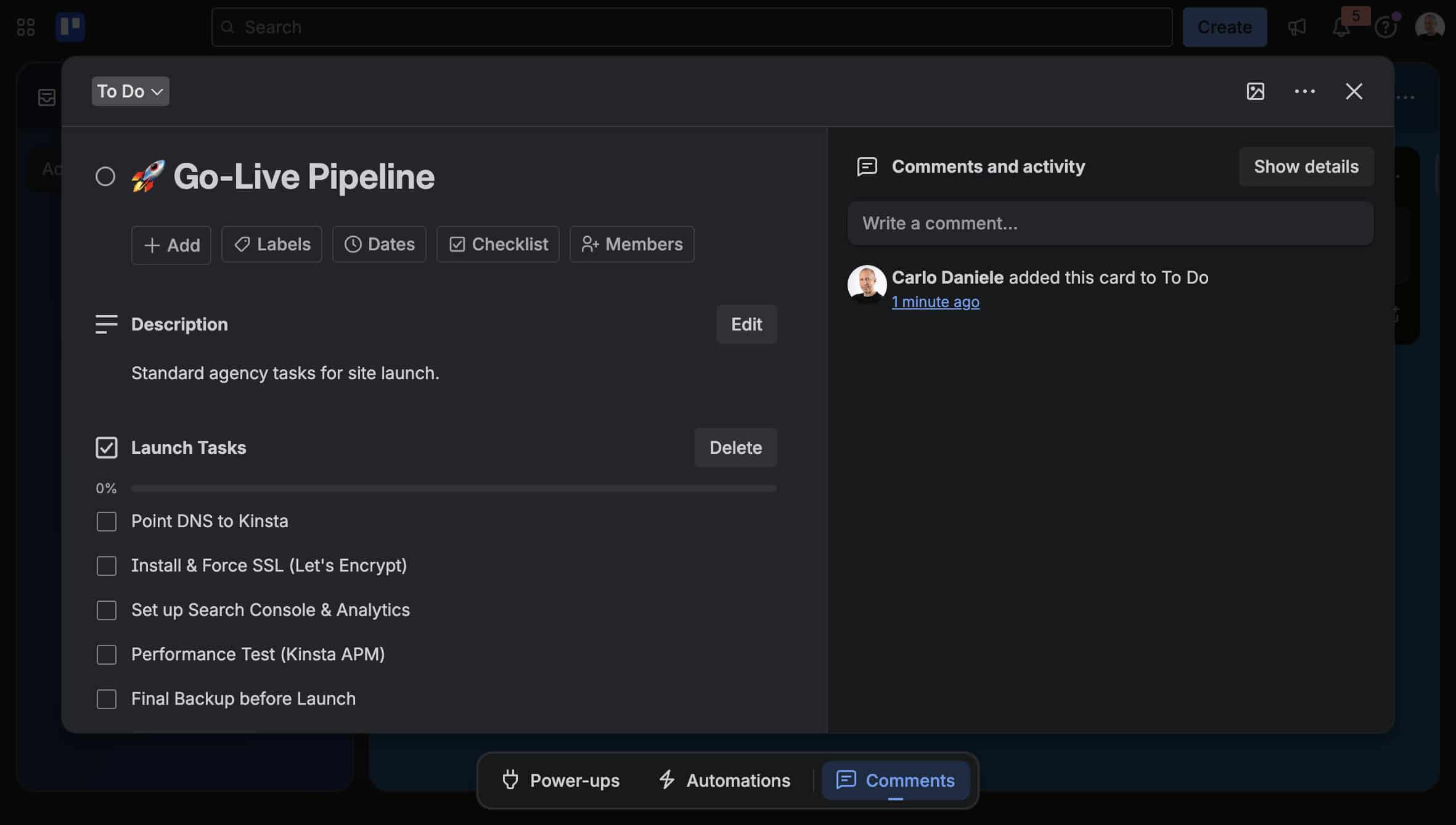 The Go-Live pipeline checklist.