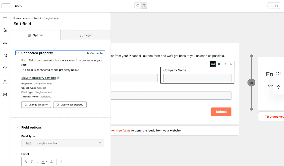 HubSpot form field.