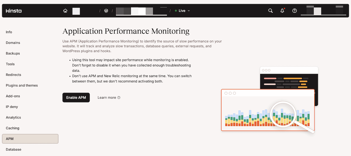 The Kinsta APM tool interface within the MyKinsta dashboard showing the Enable APM button and related graphics.