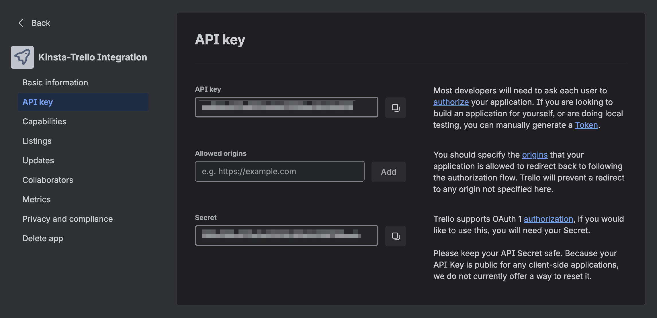 Trello API key and secret