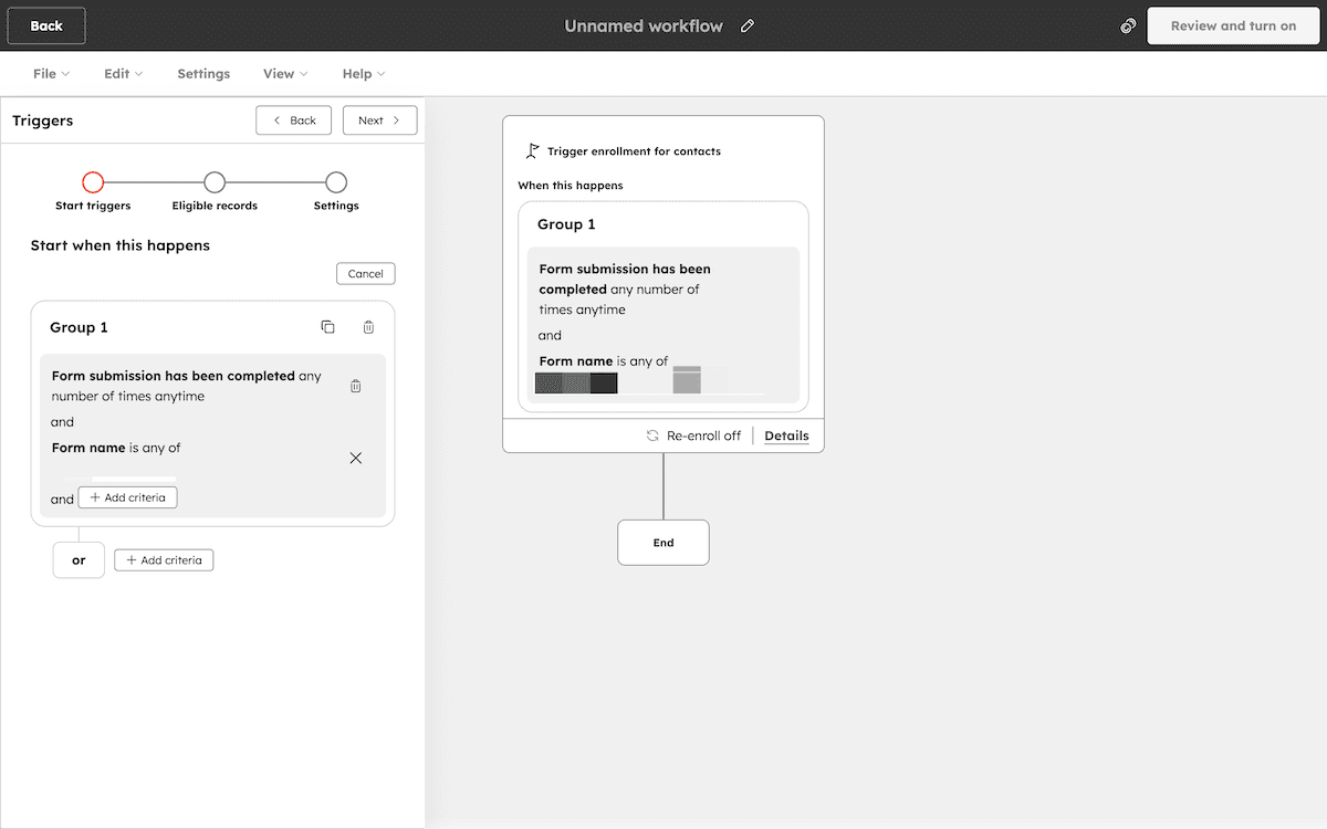 The HubSpot workflow editor showing a trigger element complete with logic relating to the trigger.