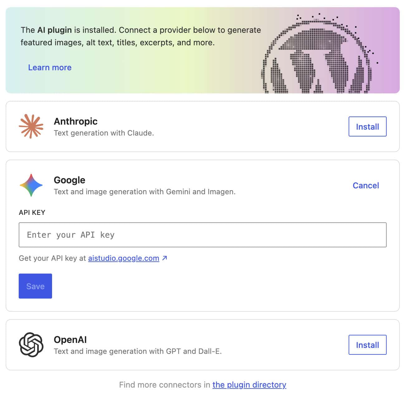Adding an API key in the Connectors interface
