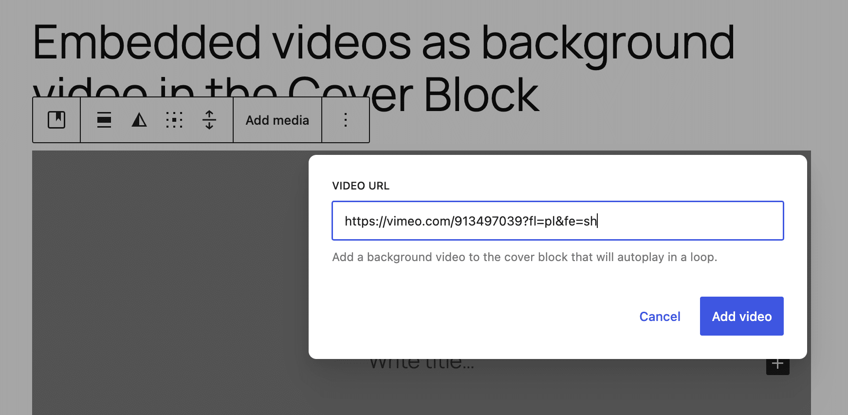 Enter video URL for the Cover block.