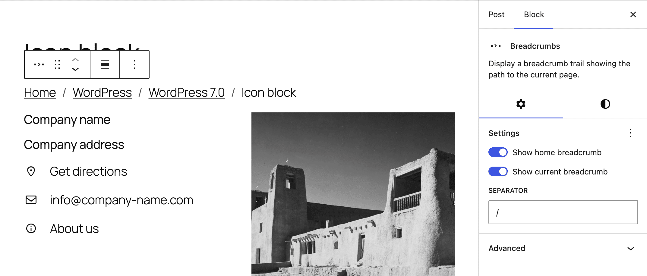 The Breadcrumbs block displays the post's category hierarchy.