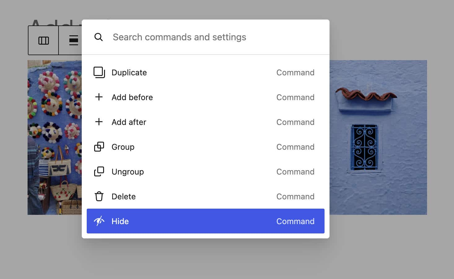 Enable the block visibility control from the command palette.