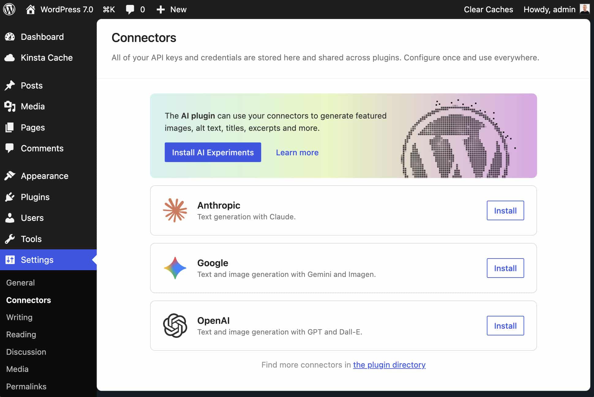 Connectors screen in WordPress 7.0.