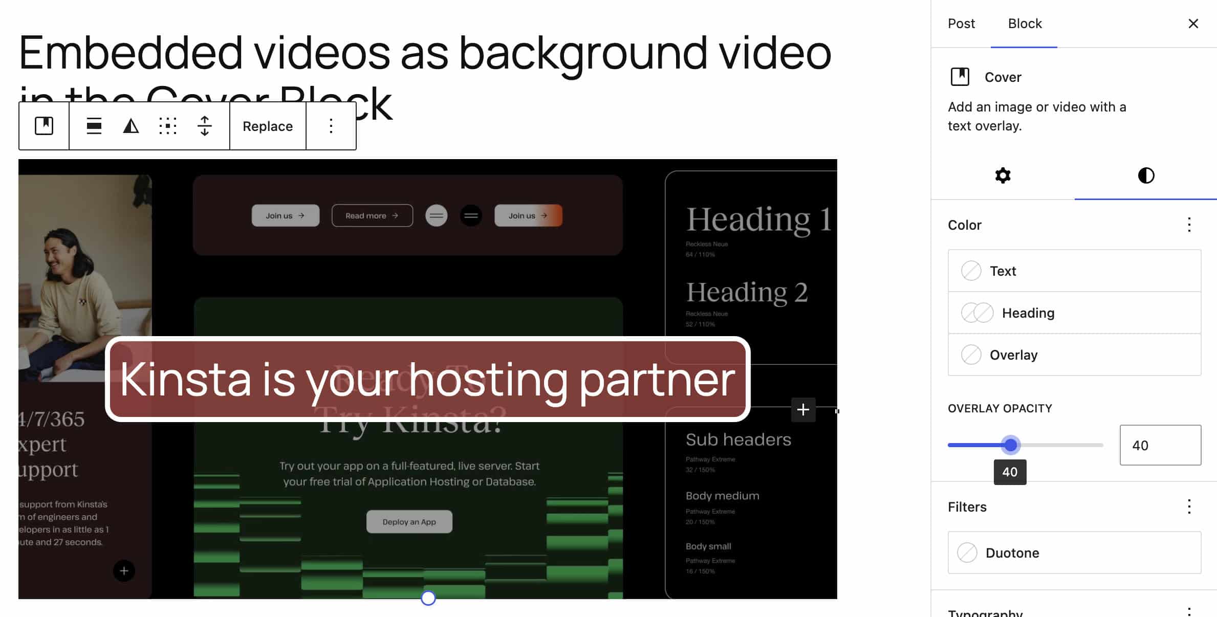 Embedded video as background video for the Cover Block.