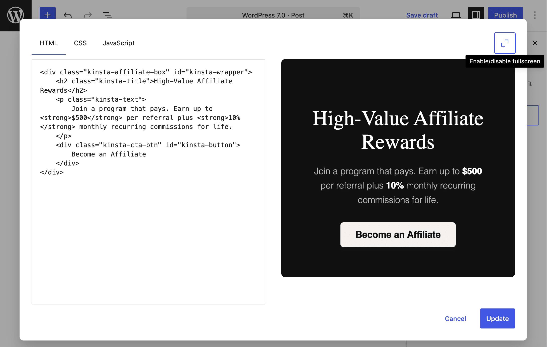 The HTML block's modal in full-screen mode.